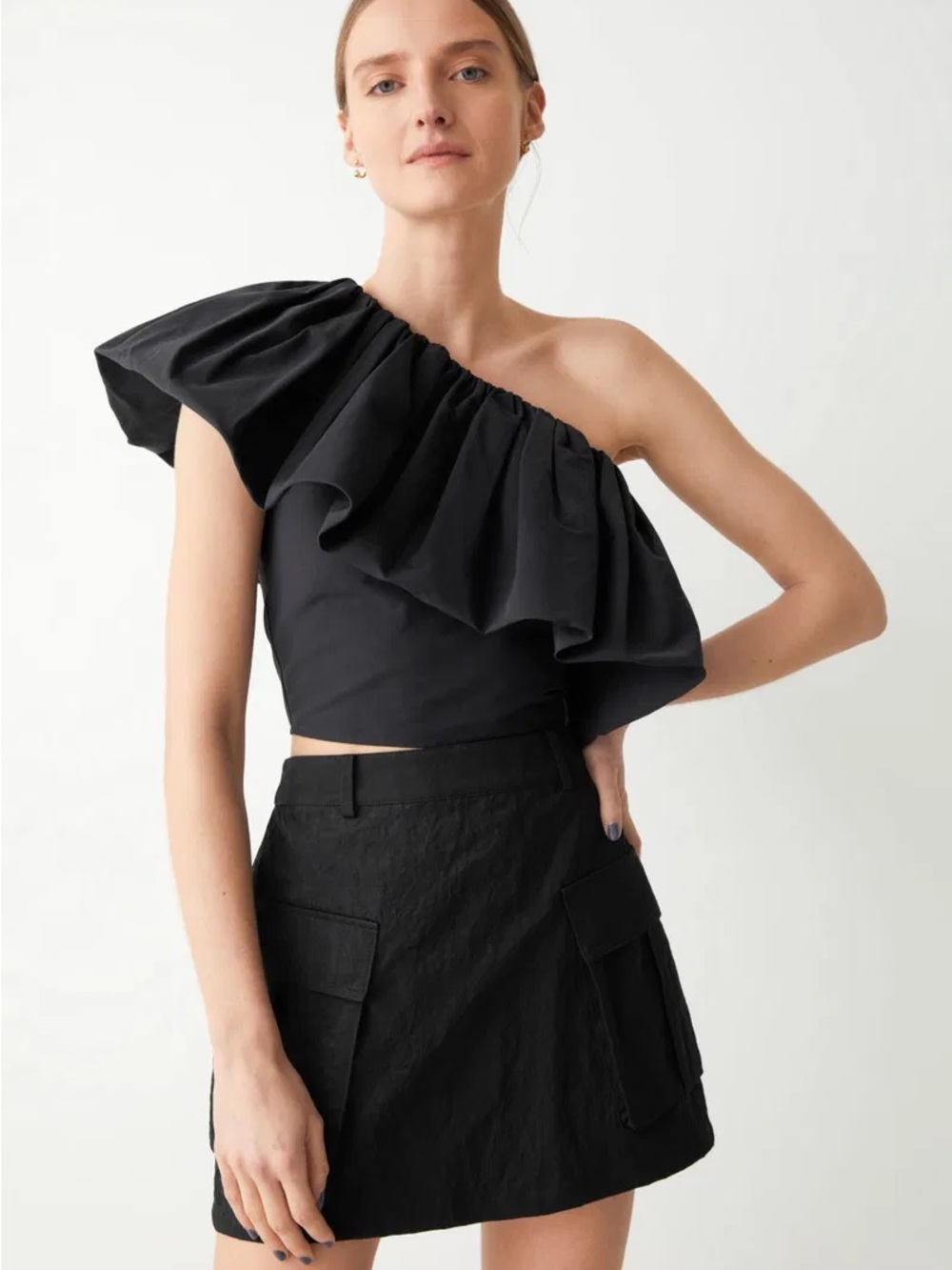 & Other Stories One-Shoulder Dressy Ruffle Crop Top in Black 10